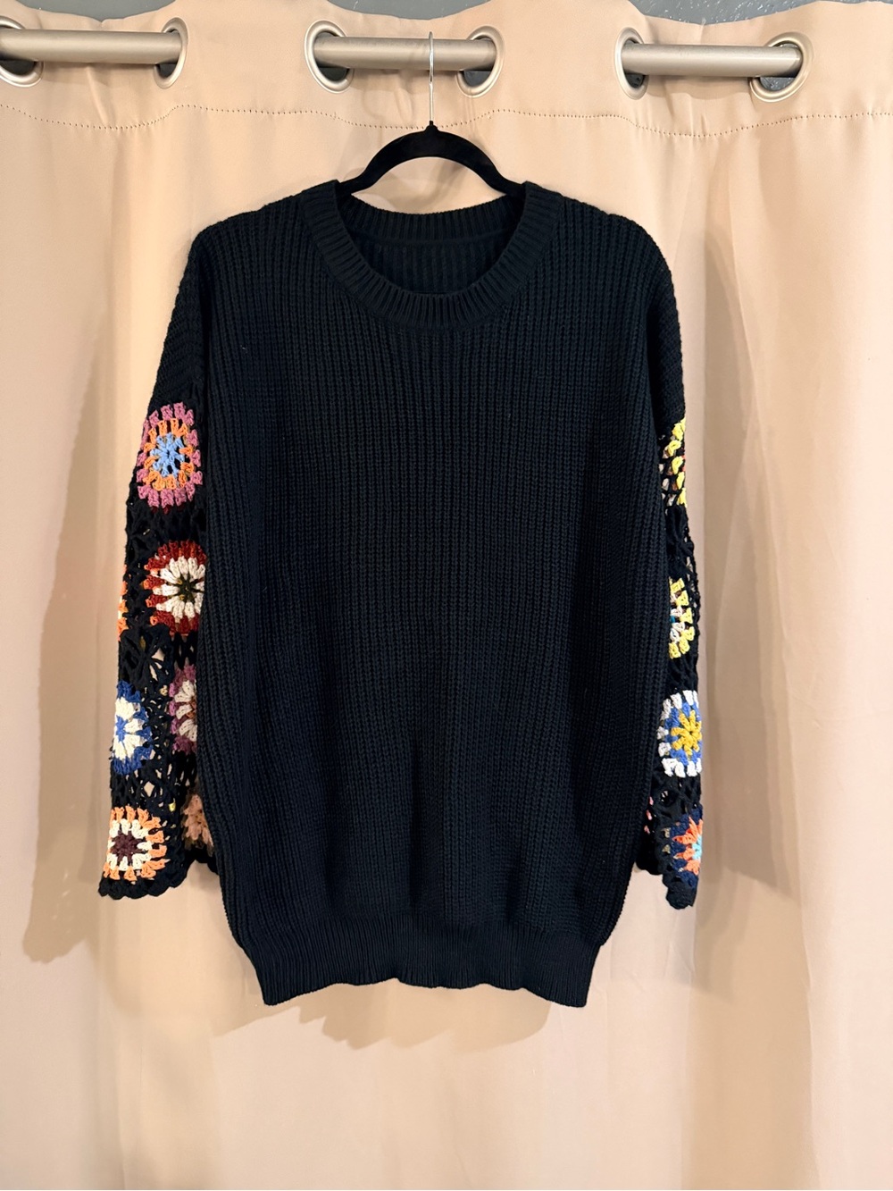 SHEIN Black Crewneck Sweater with Multicolor Crochet Flower Sleeves